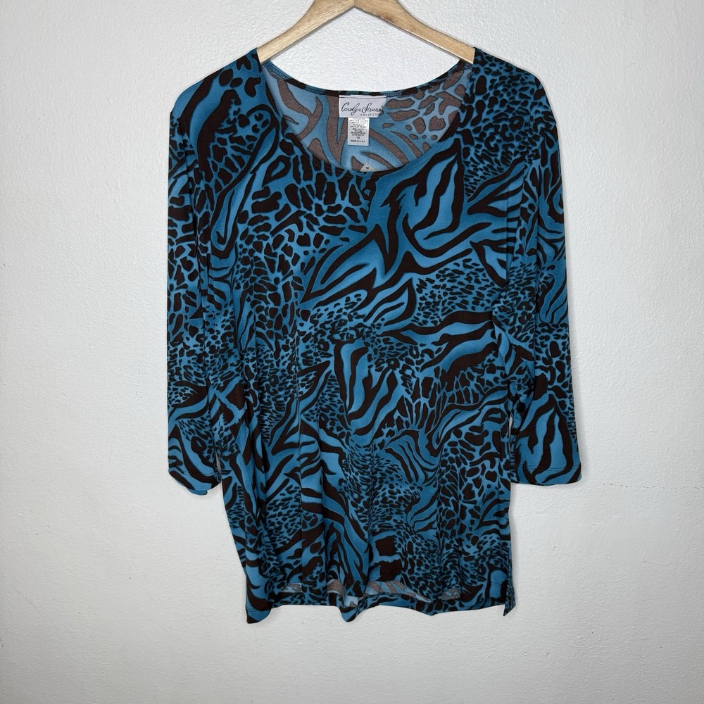 New Carolyn Strauss Blue Brown Animal Print Stretch Tunic Top Women's 1X